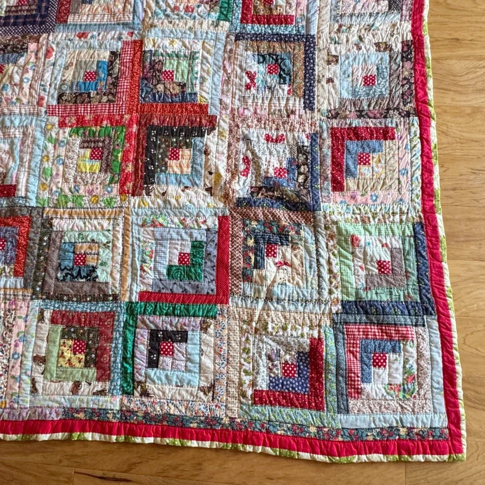 Handsewn Log Cabin Quilt Large Multi Color Vintage Patchwork Cottagecore Rustic